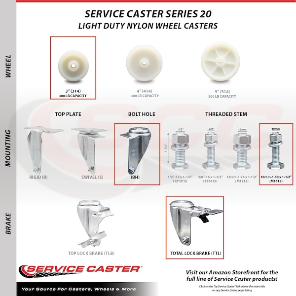 Service Caster 3 Inch Nylon Wheel Swivel 10mm Threaded Stem Caster Total Lock Brakes, 2PK SCC-TSTTL20S314-NYS-M1015-2-S-2 - main